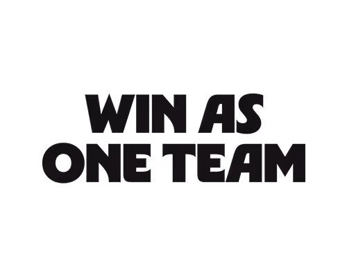 "WIN AS ONE TEAM" text in bold black letters on a transparent background.