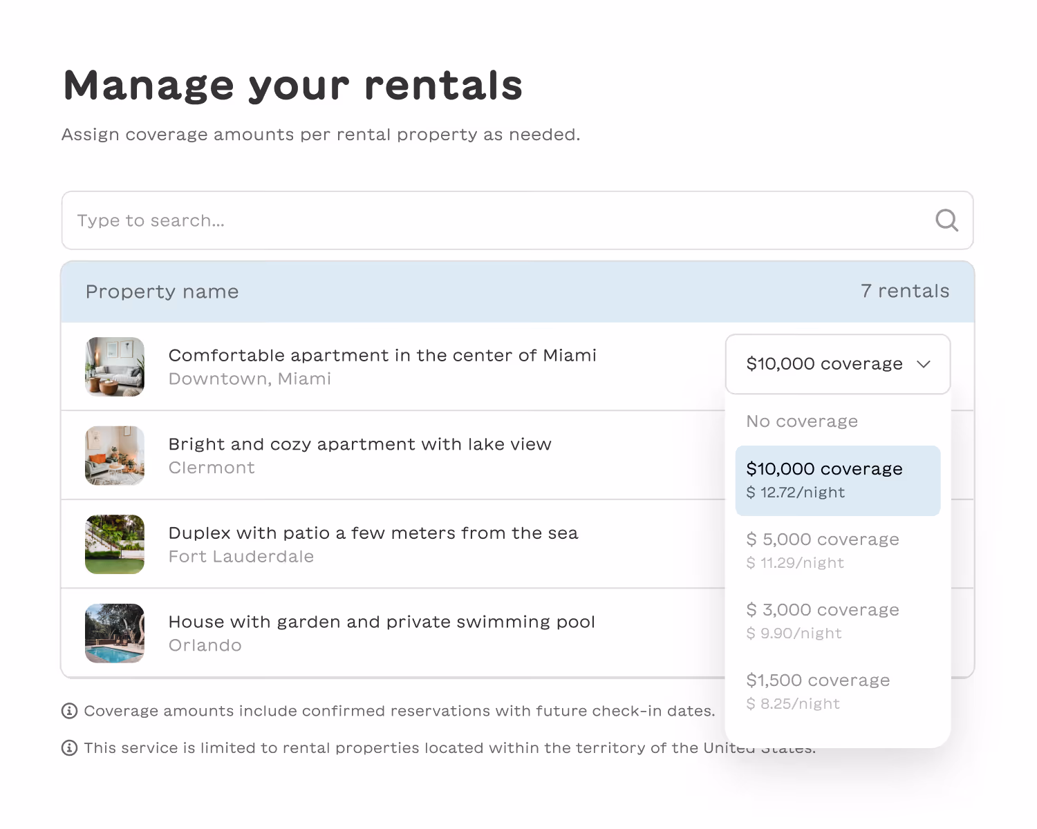 Rental management interface showing four properties with coverage options dropdown for $10,000 coverage selected.