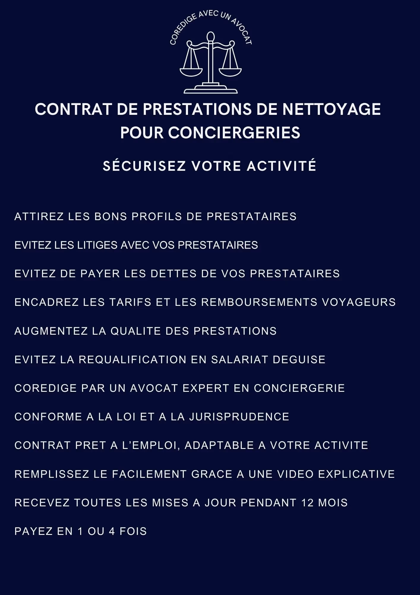French text details benefits of a cleaning service contract for conciergeries with legal and quality assurances.