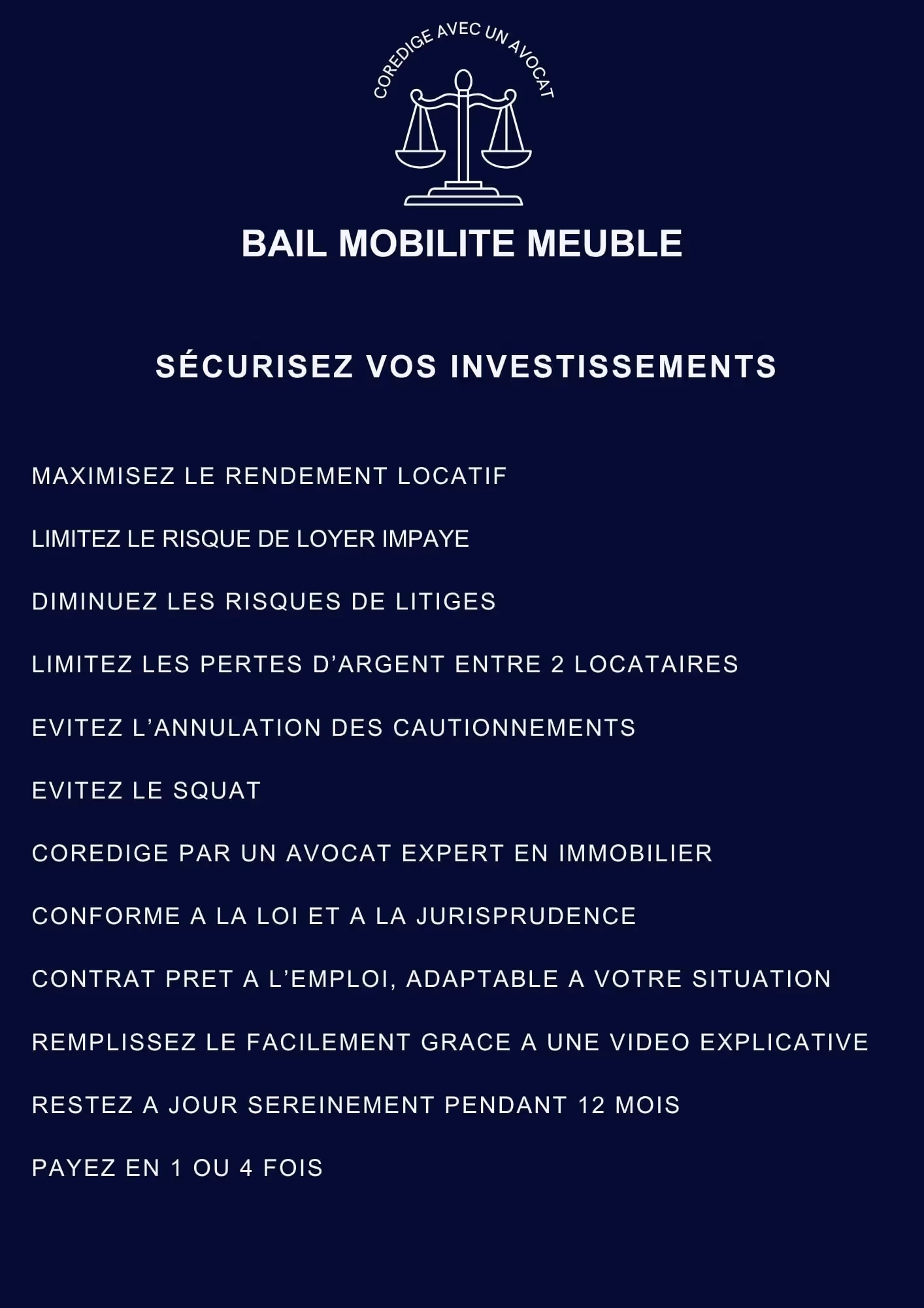 French text about furnished rental lease benefits secured by a real estate lawyer with legal compliance.