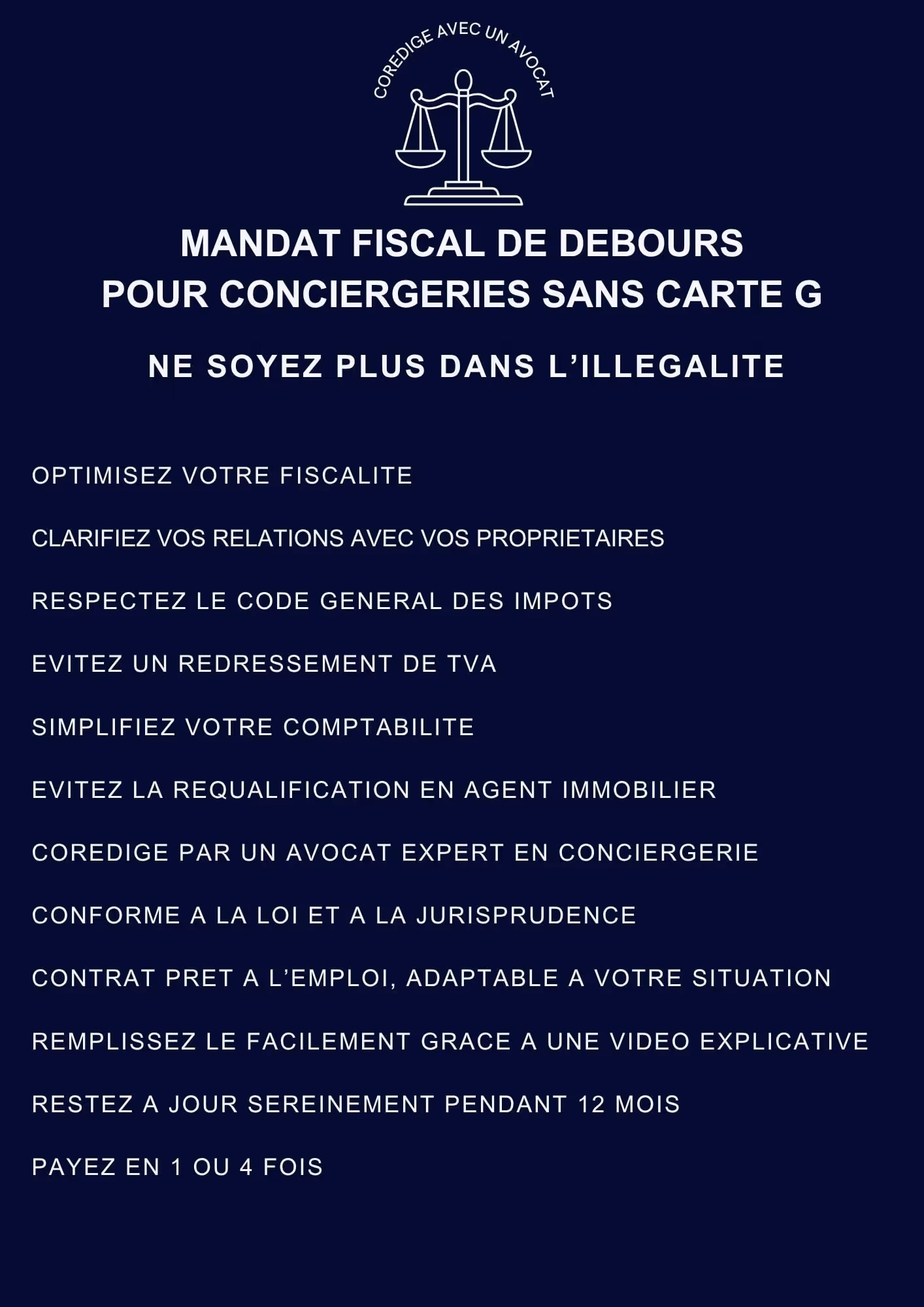 French text about tax mandate for conciergeries without Carte G, listing benefits like optimizing taxes and legal compliance.