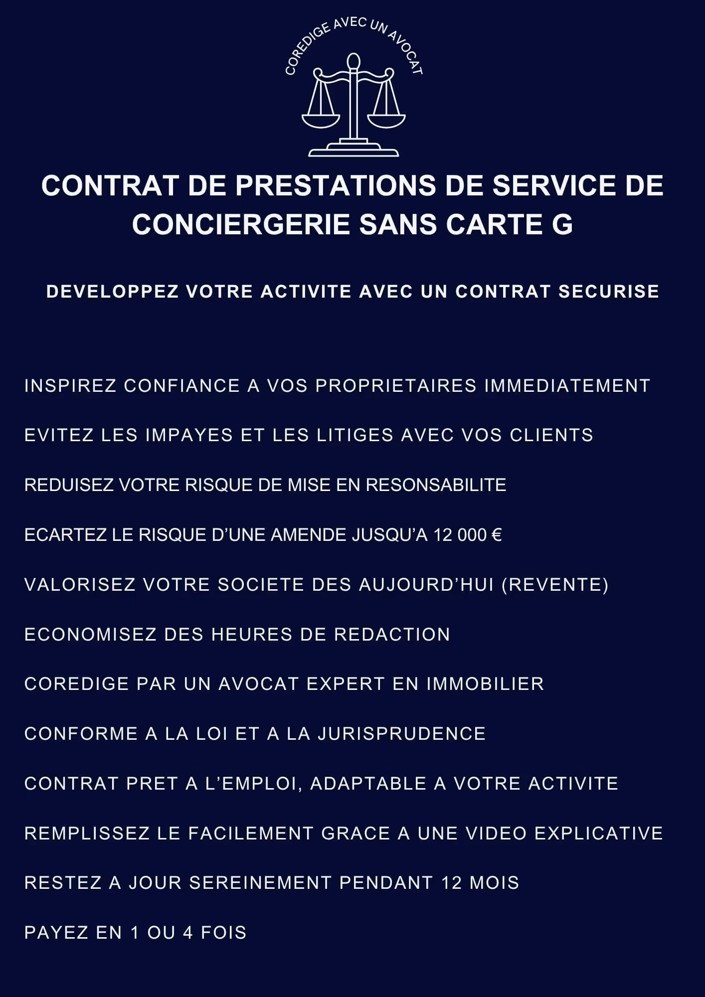 French contract for concierge services without G card, listing benefits like legal compliance and payment options.