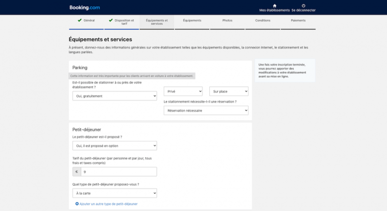 Équipements et services annonce Booking.com