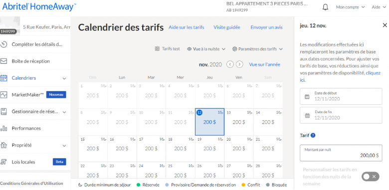 Calendrier tarifs Abritel
