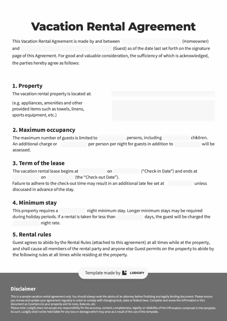 Vacation Rental Agreement template outlining property, occupancy, lease term, minimum stay, and rental rules.