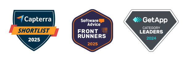 Capterra Shortlist 2025, Software Advice Front Runners 2025, and GetApp Category Leaders 2024 badges.