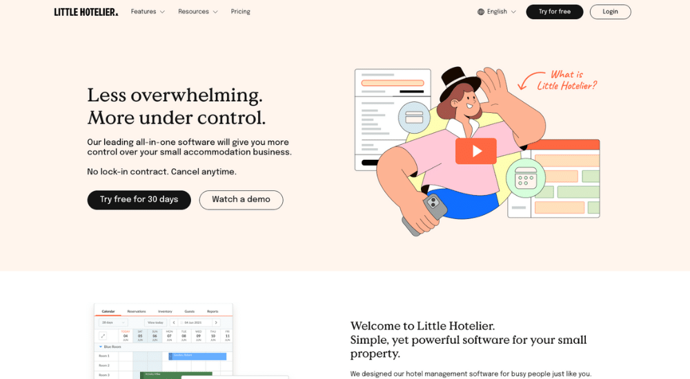 Website homepage for Little Hotelier showing software features and a cartoon character with a phone.