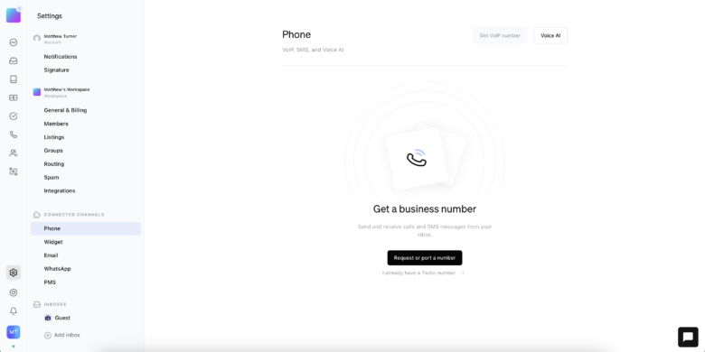 Settings page showing Phone tab to get a business number for calls and SMS in a workspace menu.