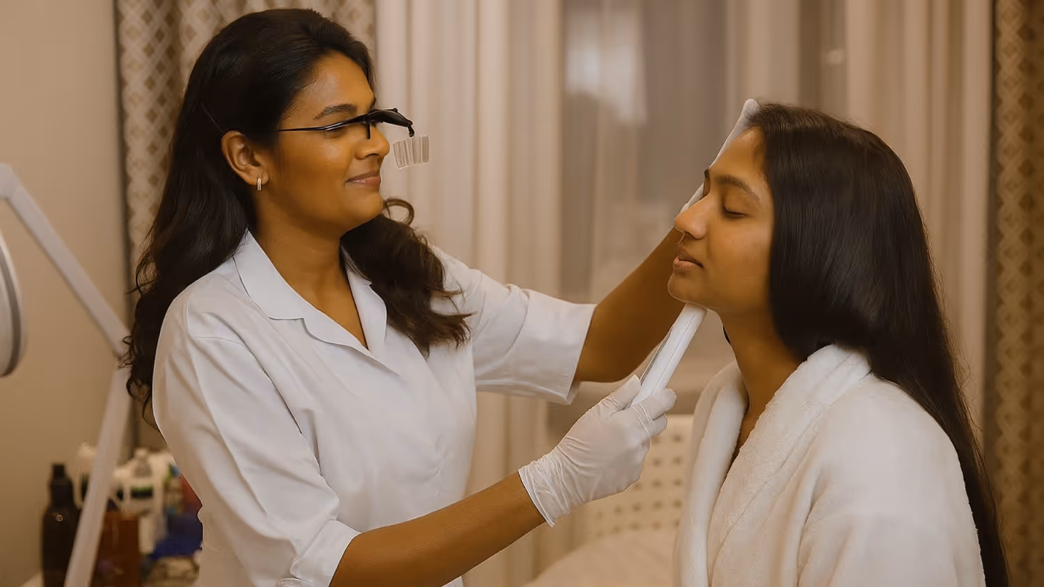 Skincare expert examining a woman's face with a tool