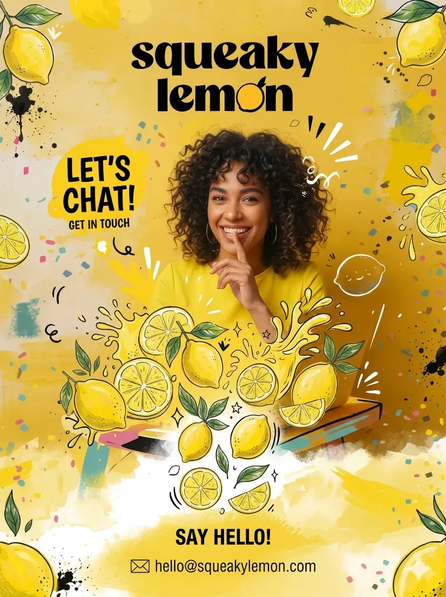 Squeaky Lemon web contact banner featuring a smiling woman with curly hair positioned behind a vibrant arrangement of illustrated lemons and juice splashes. The composition includes the company logo "squeaky lemon" at the top, a playful "LET'S CHAT!" speech bubble graphic on the left, and a "SAY HELLO!" text prompt with an email address field at the bottom, all set against a textured, artistic yellow background.