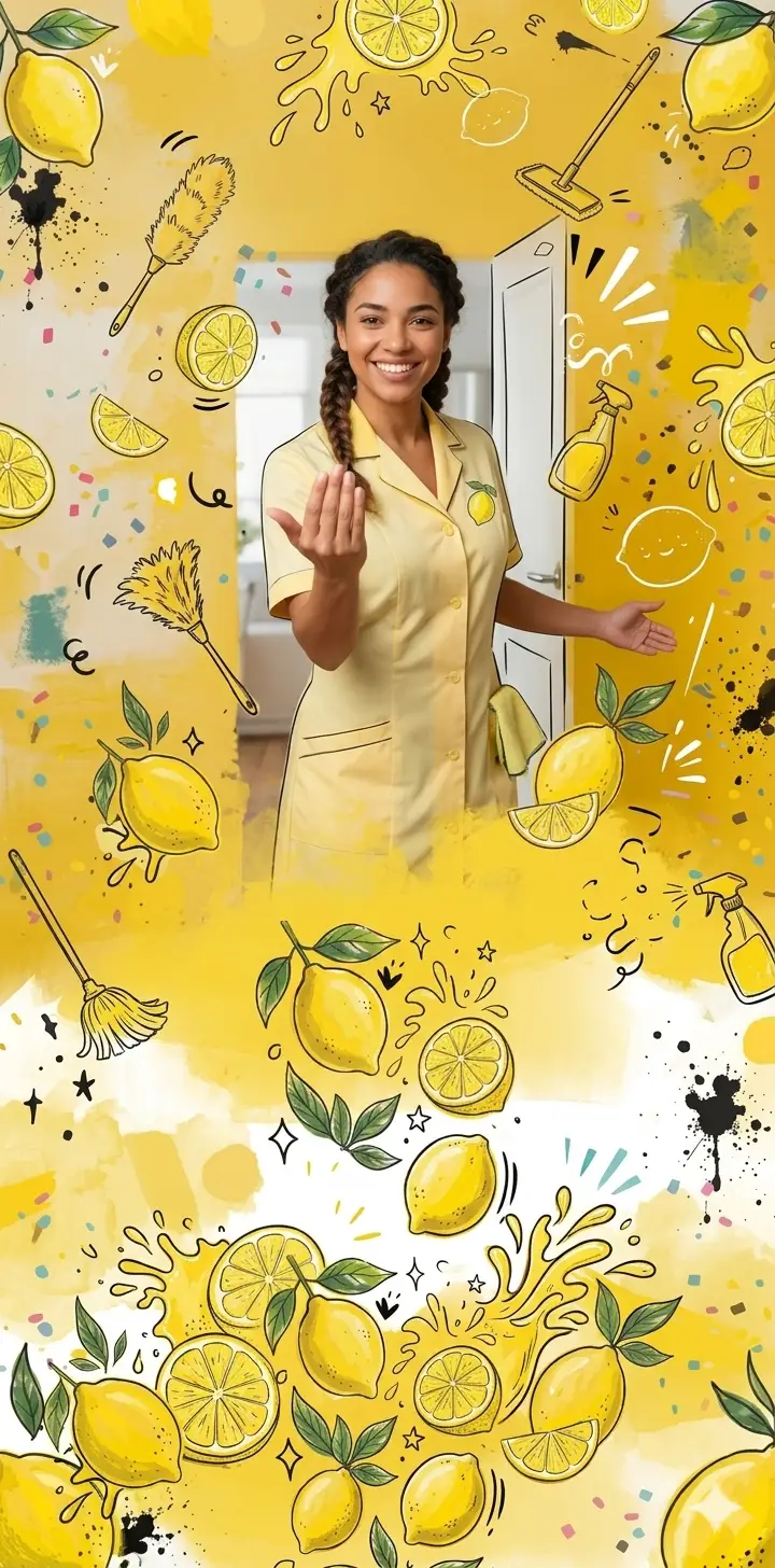 A vertical banner featuring a smiling female house cleaner with braided hair, wearing a pastel yellow uniform with a subtle lemon patch. She is positioned inside an open doorway, making a warm, inviting hand gesture forward. The entire scene is framed by a lively, text-free yellow background filled with artistic illustrations of fresh lemons, juice splashes, paint splatters, confetti, and clean-themed elements like feather dusters, spray bottles, and a mop.