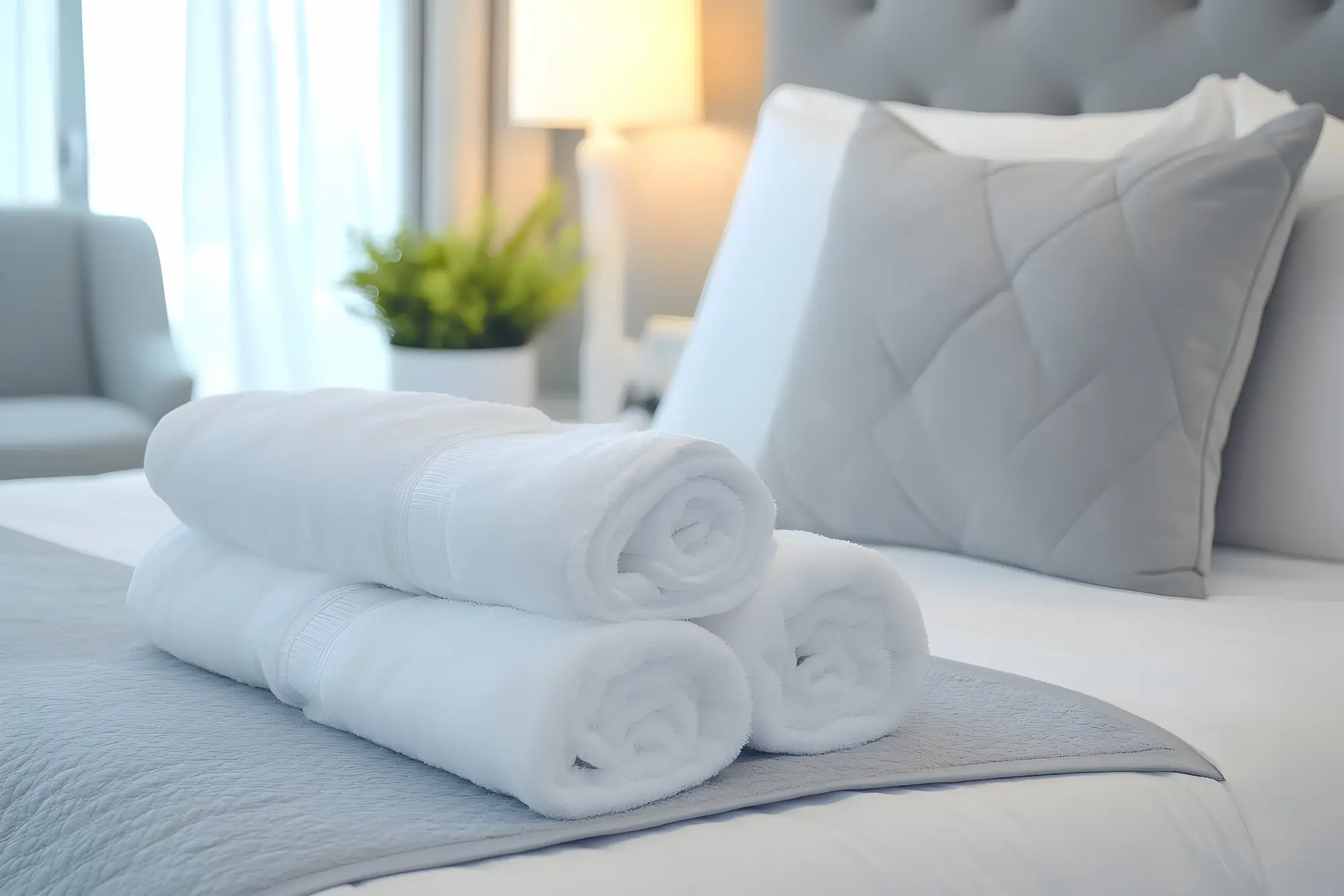 Freshly rolled white towels neatly arranged on a freshly made bed in a brightly lit hotel or Airbnb room.