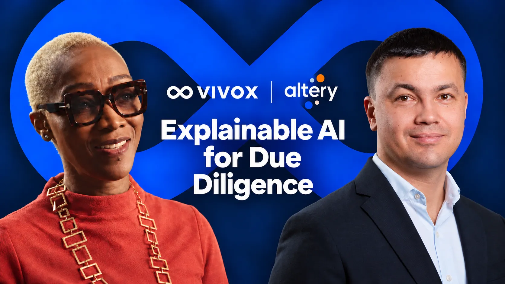 Portrait of two people: a woman with short blonde hair, large glasses, orange top, and chunky geometric necklace on the left, and a man with short dark hair, wearing a dark blazer and light blue shirt on the right, set against a blue background with logos for Vivox and Altery and the text 'Explainable AI for Due Diligence' in white.