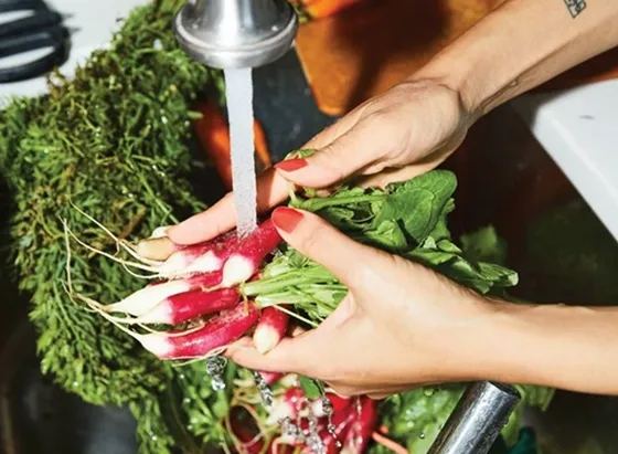 Personne lavant des radis rouges avec des feuilles vertes sous un robinet dans l'évier.