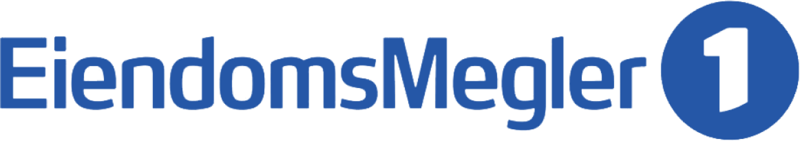 EiendomsMegler 1 logo in blue text with a stylized number 1 in a blue circle.