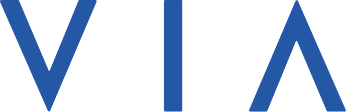 Blue stylized lettering spelling 'VIA' with a modern geometric font.