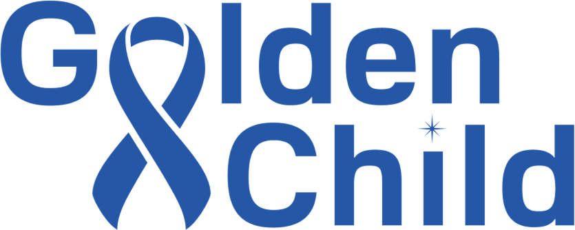 Golden Child logo with a blue ribbon forming part of the letter G and a star above the letter i.