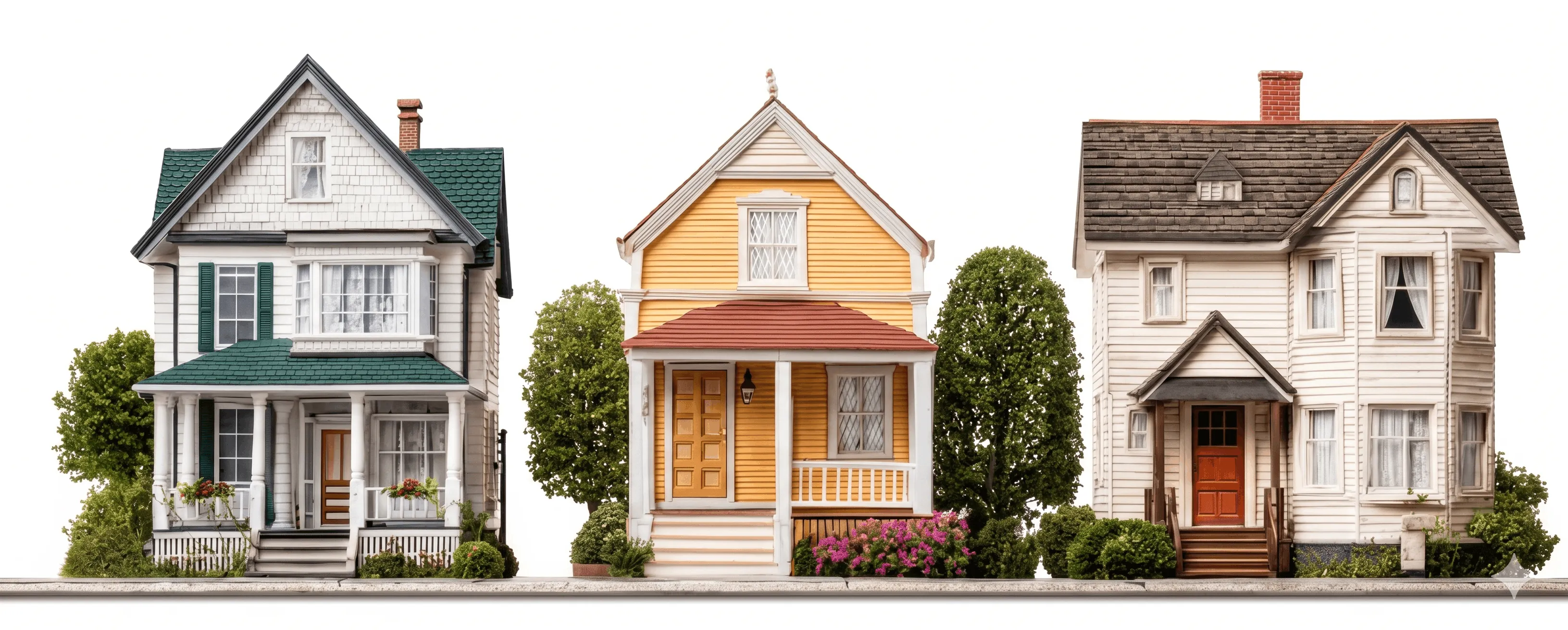 Trois maisons individuelles de styles différents, illustrant le choix d'un bien immobilier