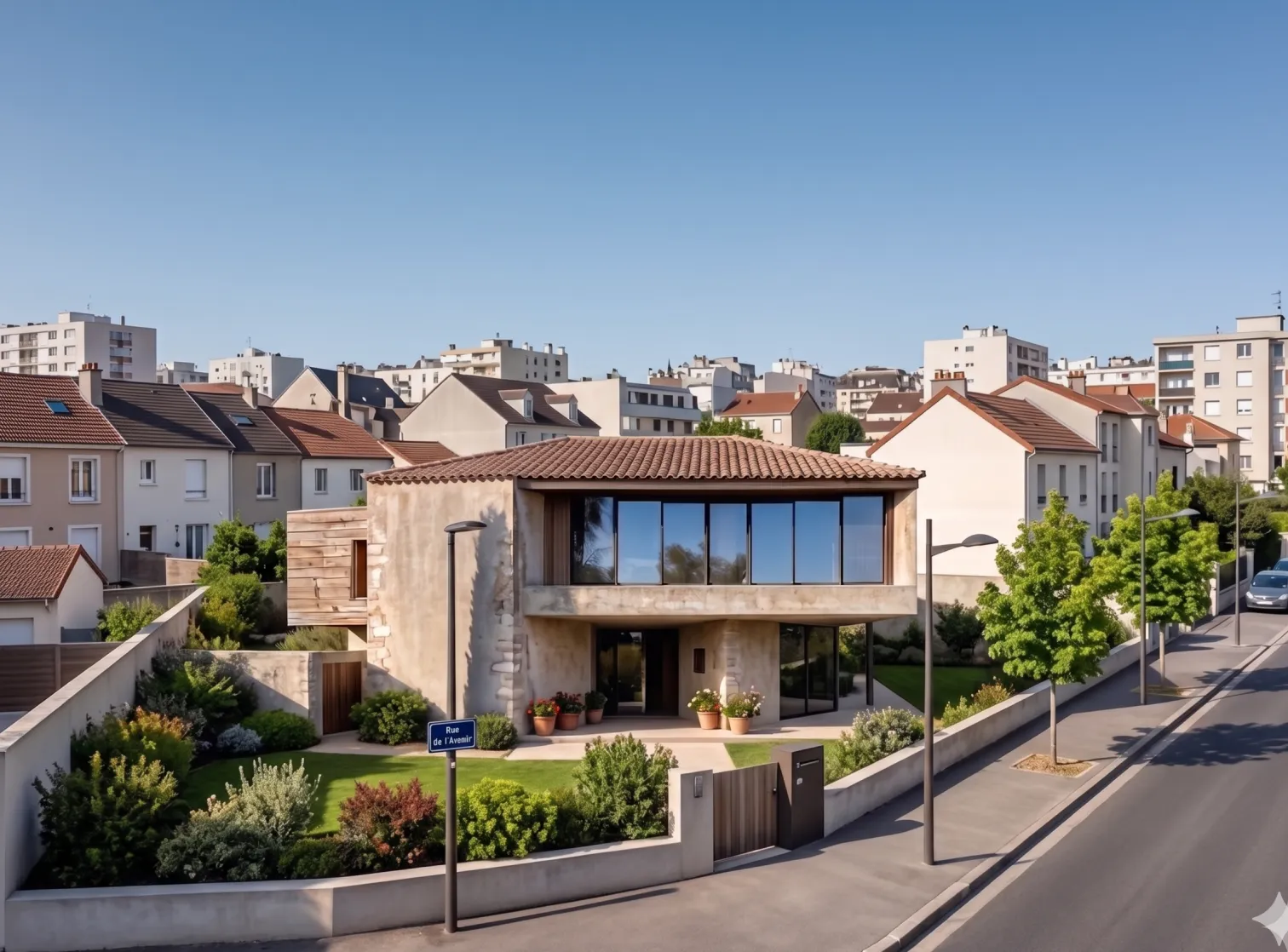Maison contemporaine avec jardin dans un quartier résidentiel