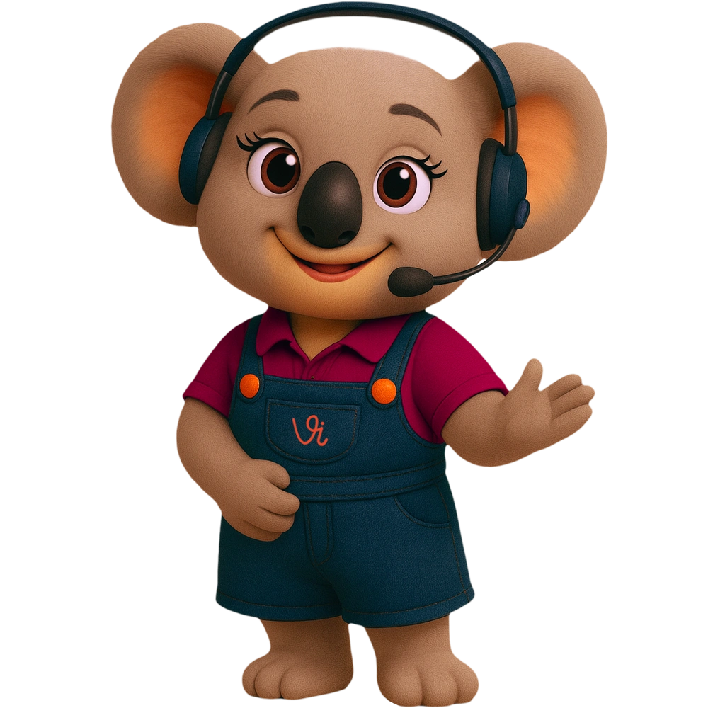 Koala animé souriant portant un casque avec micro, saluant, en salopette et polo rouge.