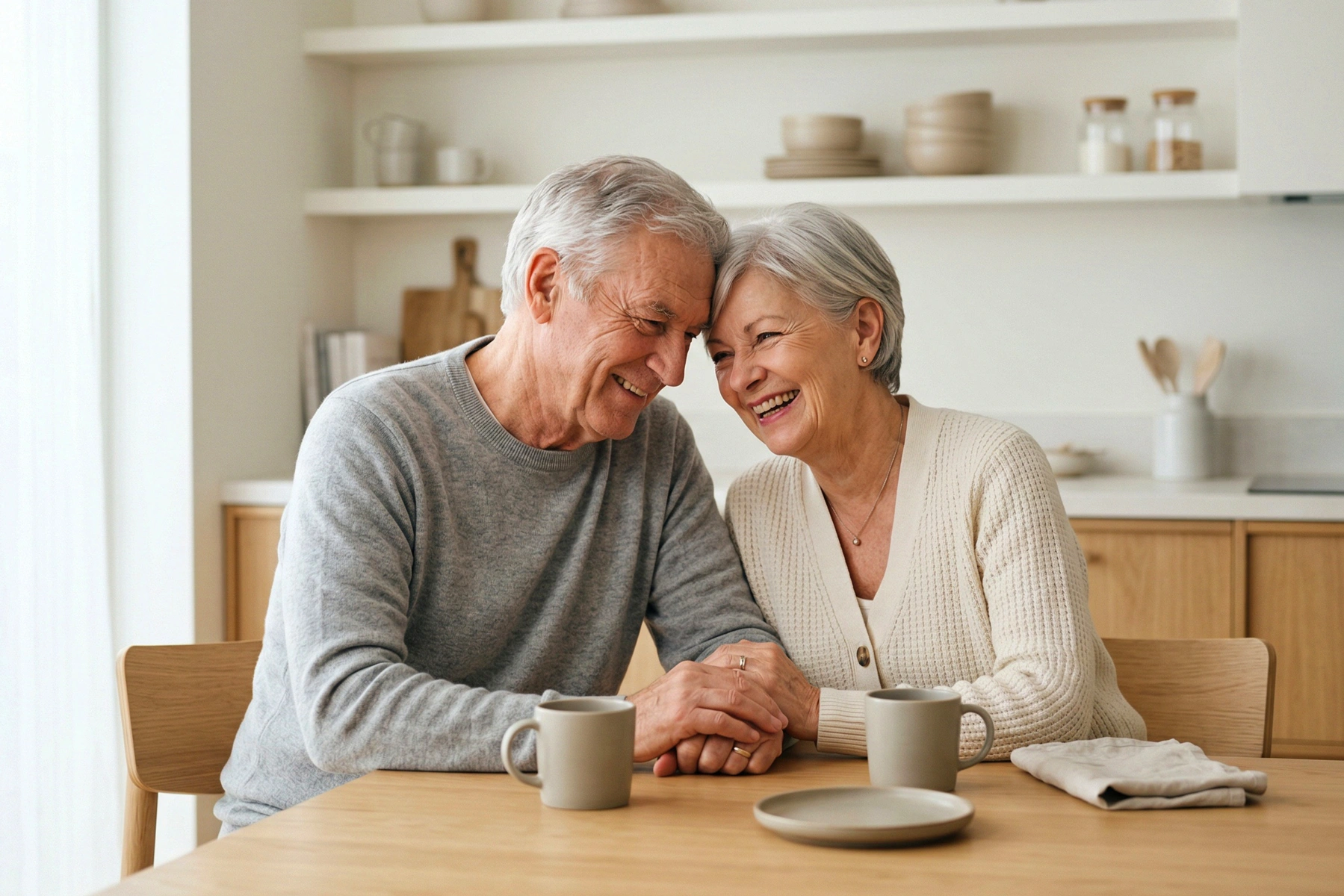 Couple âgé souriant et se tenant la main à table dans une cuisine lumineuse et moderne.