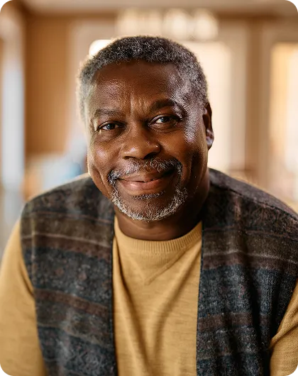 Homme souriant à cheveux courts gris et barbe, portant un pull beige et un gilet à motifs foncés.
