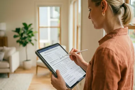 Une femme signe un document numérique sur une tablette avec un stylet dans un salon lumineux.