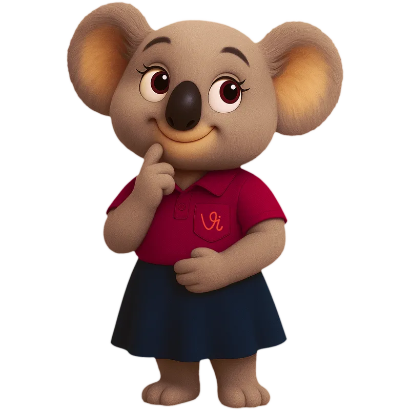 Personnage koala féminin souriant en polo rouge et jupe bleue.