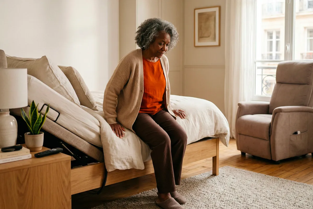 Une femme âgée assise au bord d'un lit ajustable dans une chambre bien éclairée.