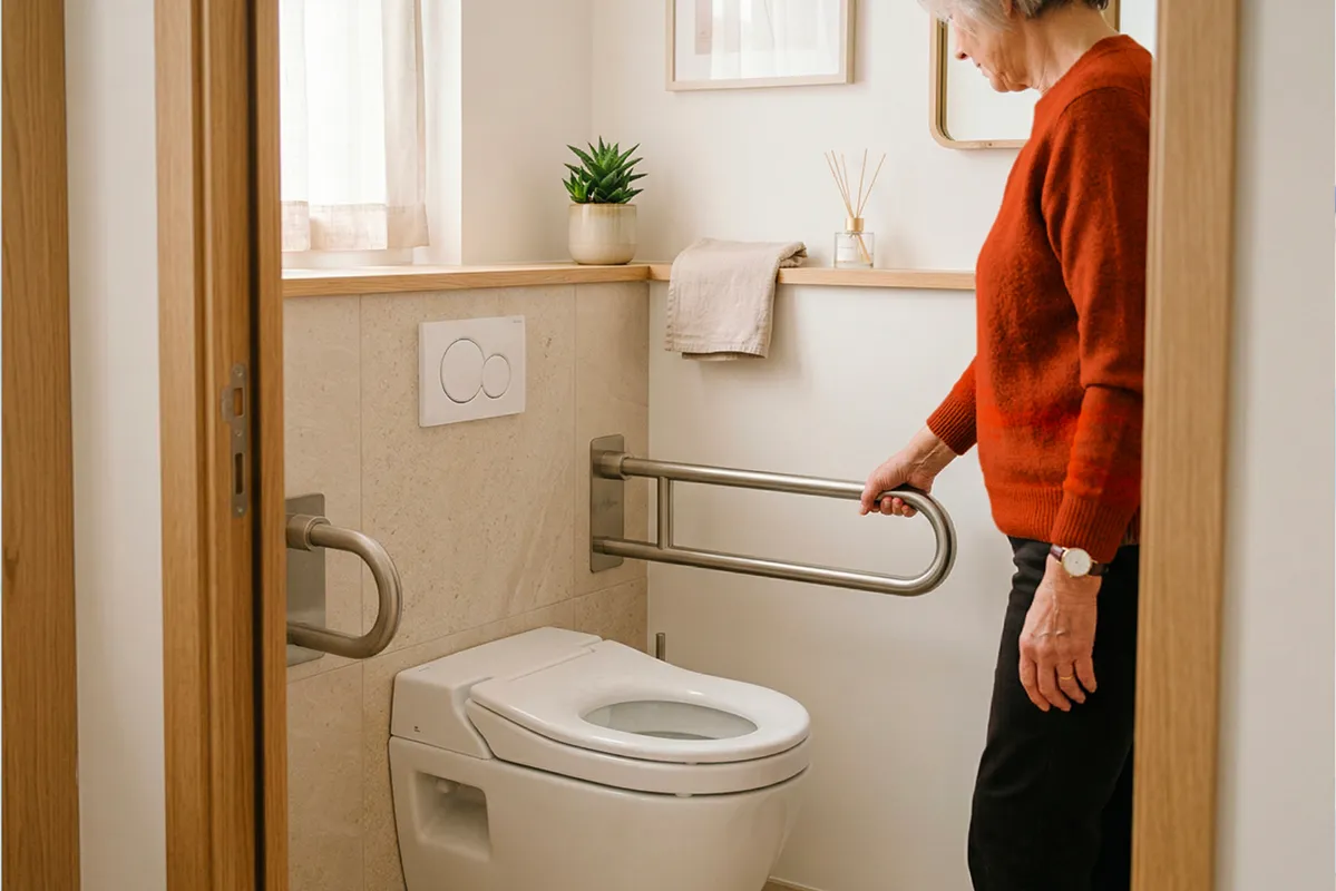 Femme âgée dans des toilettes avec barres d'appui métalliques pour accessibilité.