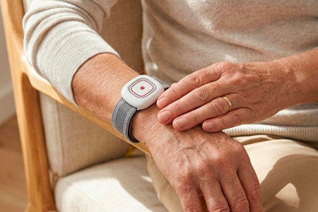 Person wearing a medical alert wristband with a button on their arm, pressing the button with the other hand.