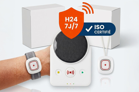 Système d’alerte d’urgence avec montre et pendentif portables, étiqueté H24 7J/7 ISO certifié.