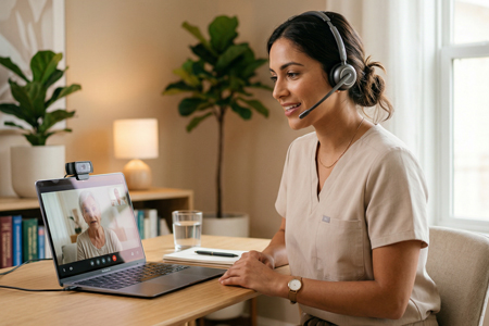 Femme souriante en casque parlant en vidéo avec une personne âgée sur un ordinateur portable.
