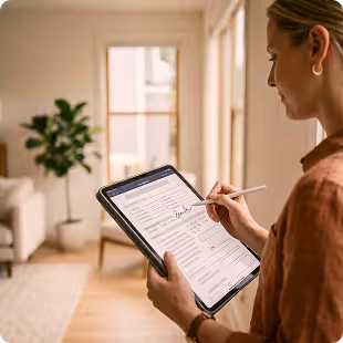 Femme utilisant un stylet pour remplir un formulaire sur une tablette dans un salon lumineux.