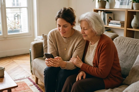 Jeune femme montre un smartphone à une femme âgée assises ensemble sur un canapé dans un salon lumineux.
