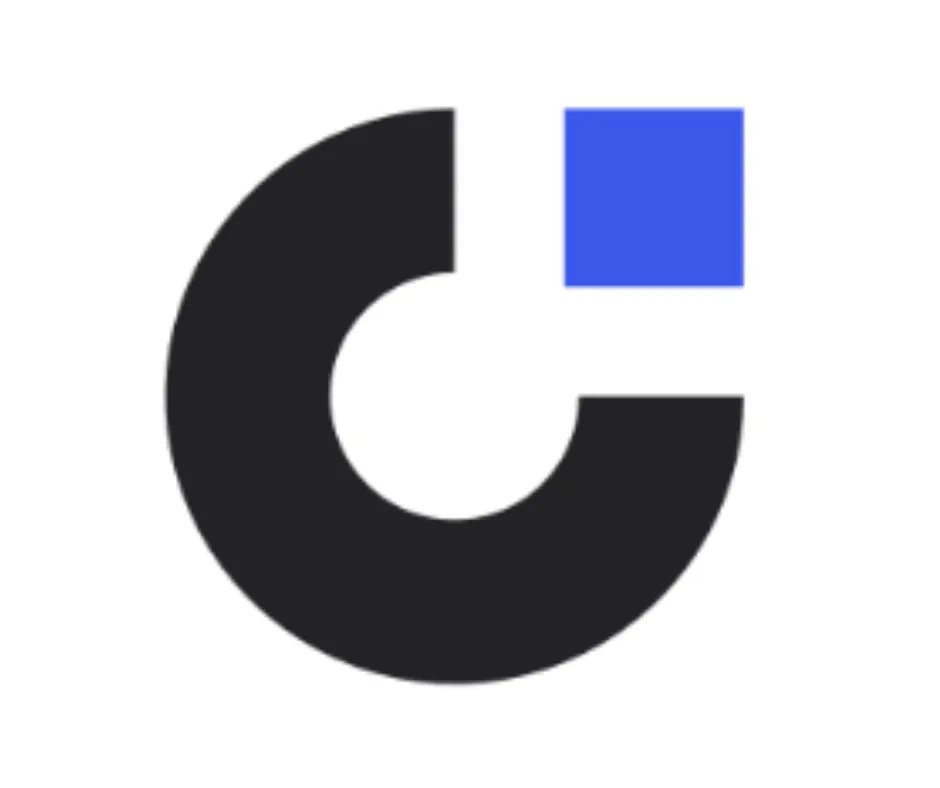 Abstract logo with black circular shape and a small blue square in upper right corner. Stands for onepage.