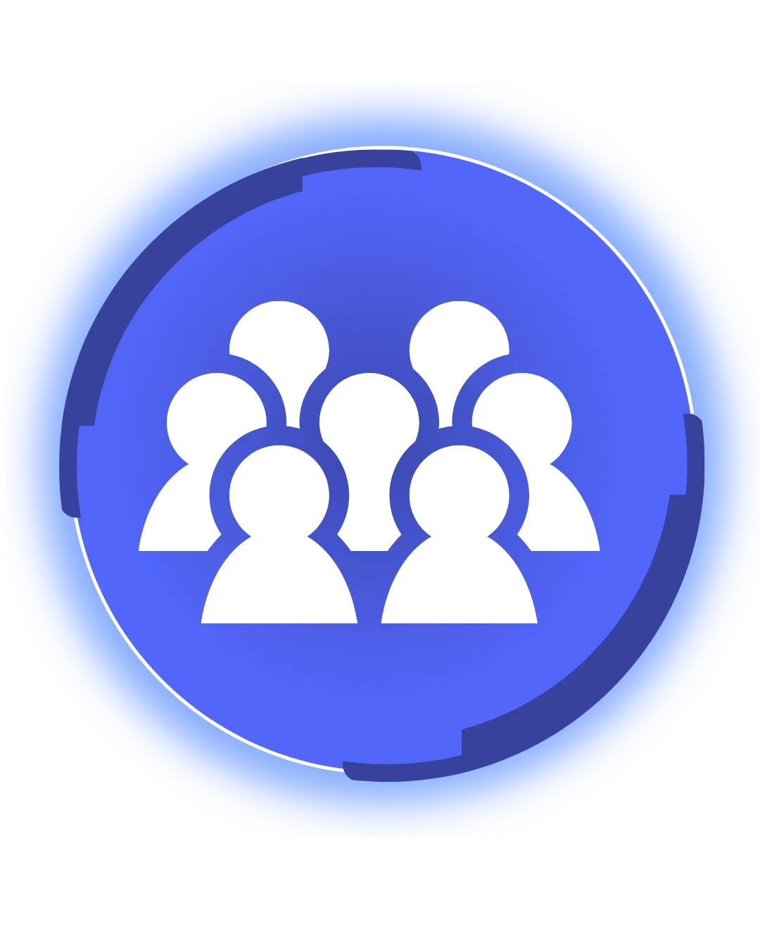 Icon showing a group of seven white user silhouettes on a blue circular background.