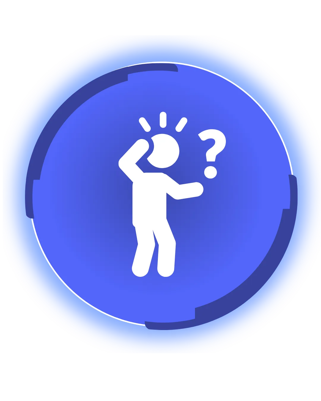 White icon of person with question mark and exclamation marks on blue circular background.
