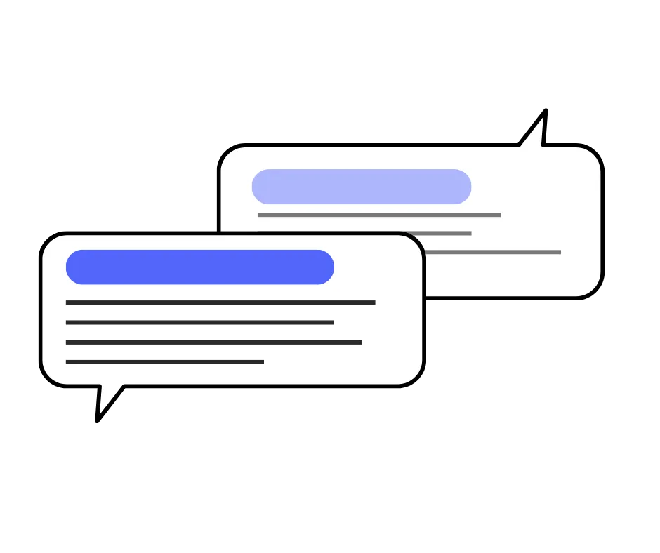 Two overlapping chat bubbles with colored bars and lines representing text on black background.