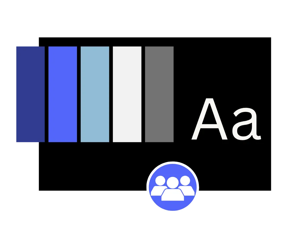 Color palette with blue and gray bars and the letters Aa on a black background.
