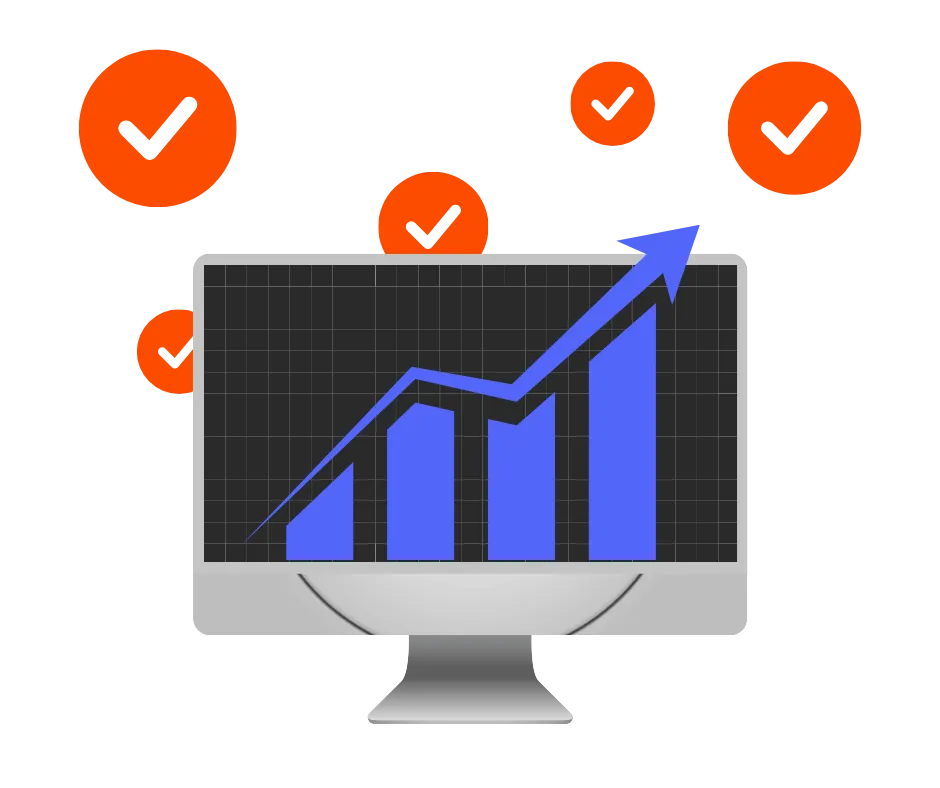 Computer monitor showing ascending blue bar chart with arrow and orange checkmarks floating above