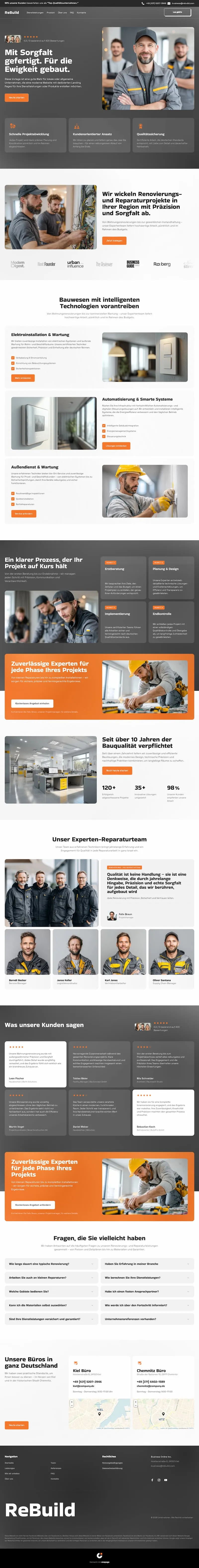 Construction and repair professionals in workwear shown throughout ReBuild company website layout in German.