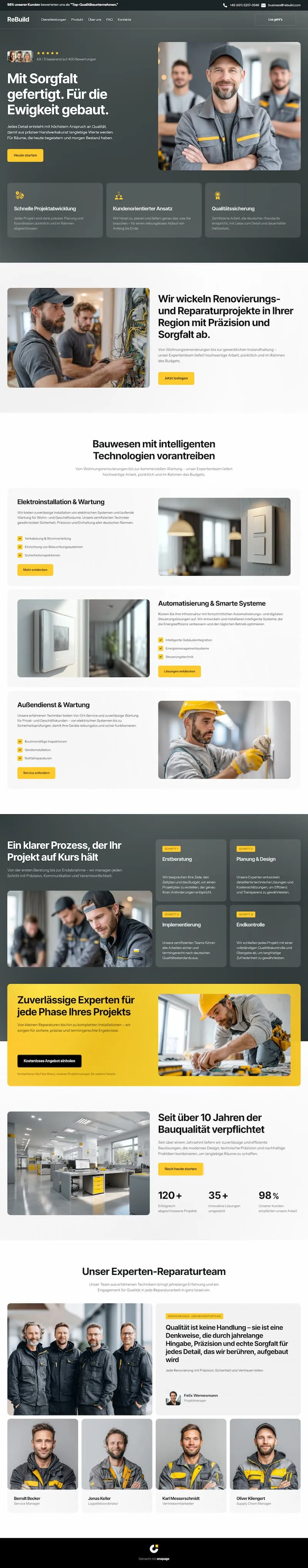 Website homepage for ReBuild showing expert craftsmen in work uniforms and project info in German.