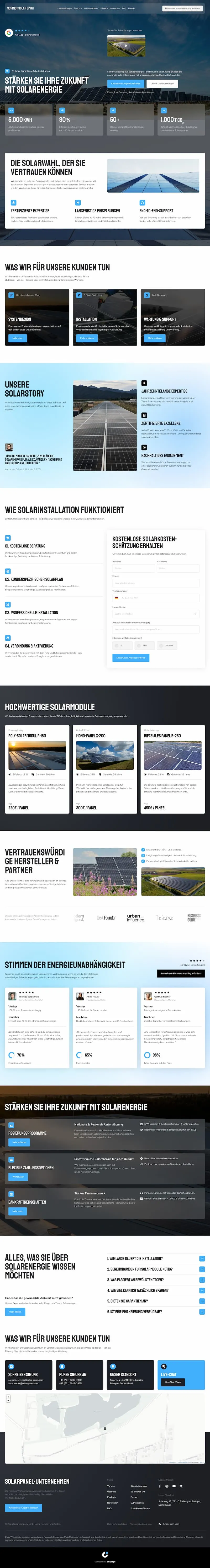 German solar energy website showing solar panels, services, benefits, customer quotes, and contact form.