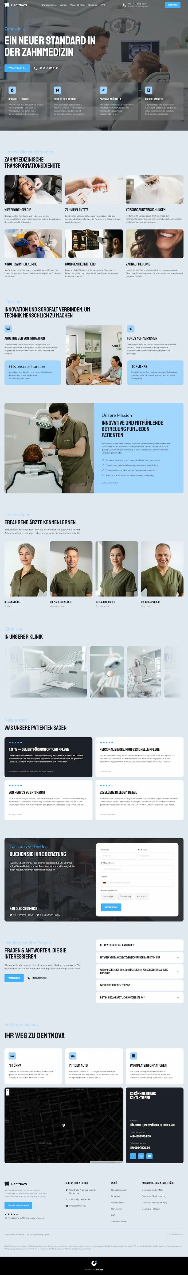 Dentist in white coat examining female patient sitting in dental chair in modern clinic.