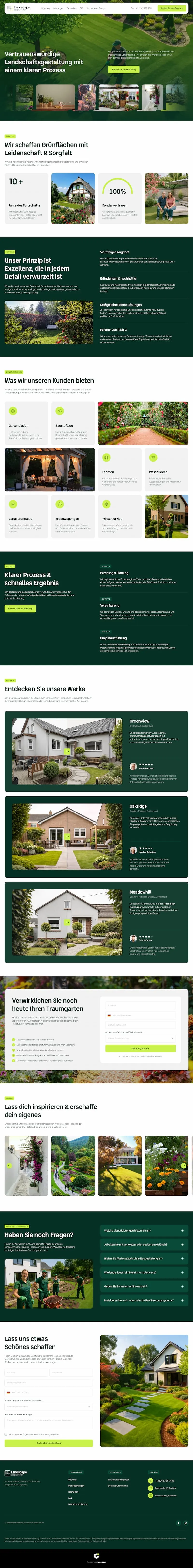 Website homepage for landscape design showcasing gardens, services, customer reviews, and contact form in German.