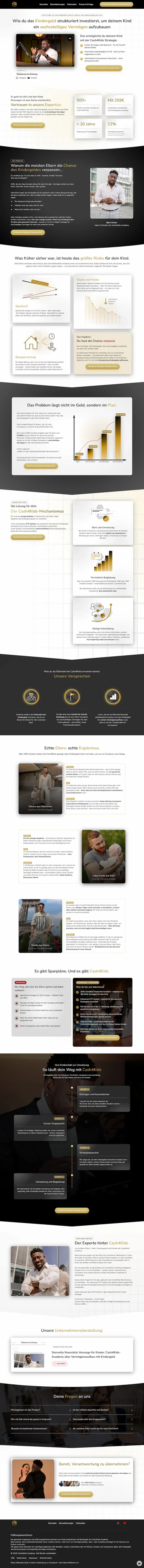Website page showing financial advice content with charts, testimonials, and images of professionals.