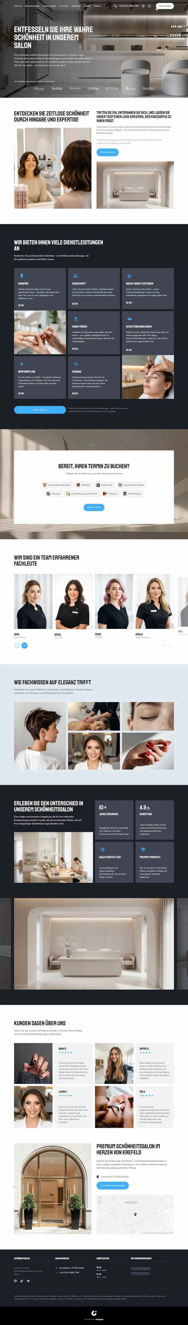 Modern beauty salon website showcasing services, team photos, client reviews, and booking options in German.