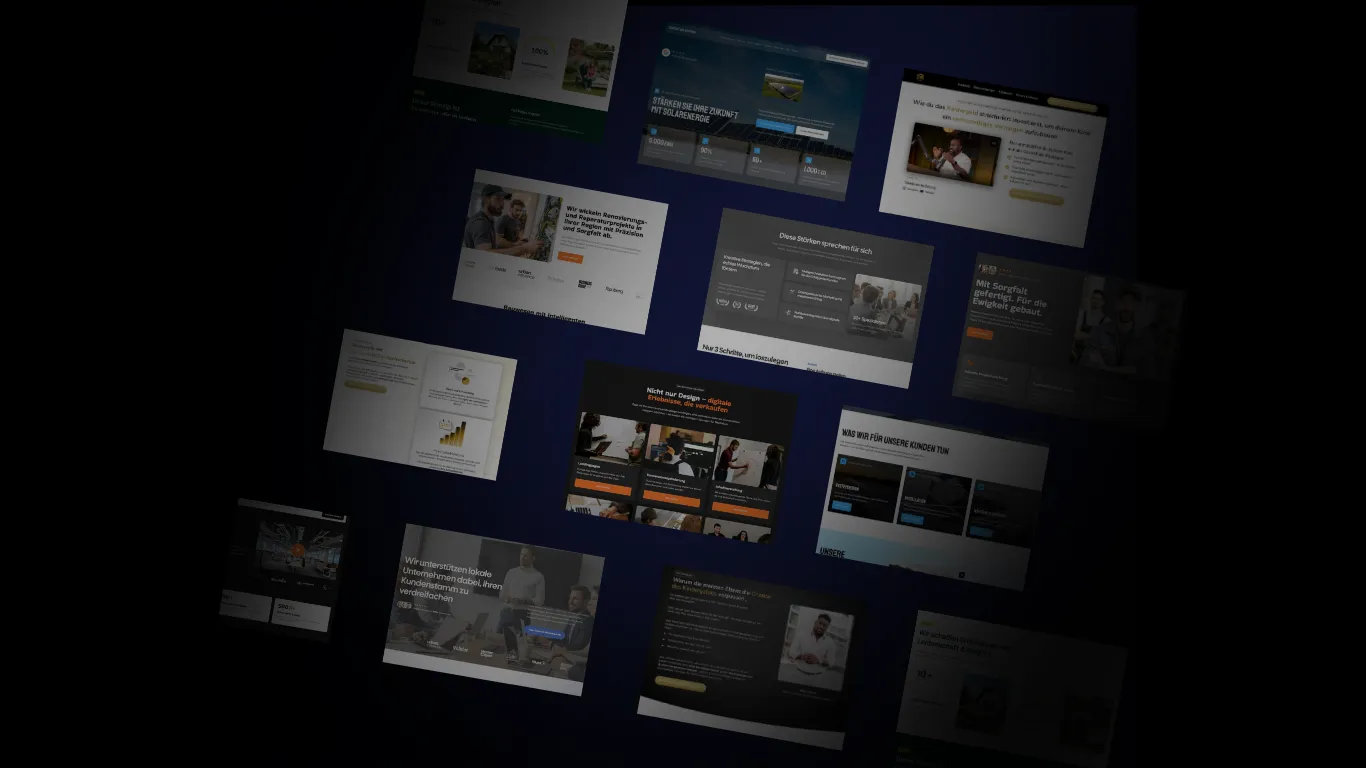 Multiple angled website screenshots on dark background showcasing various business and service designs.