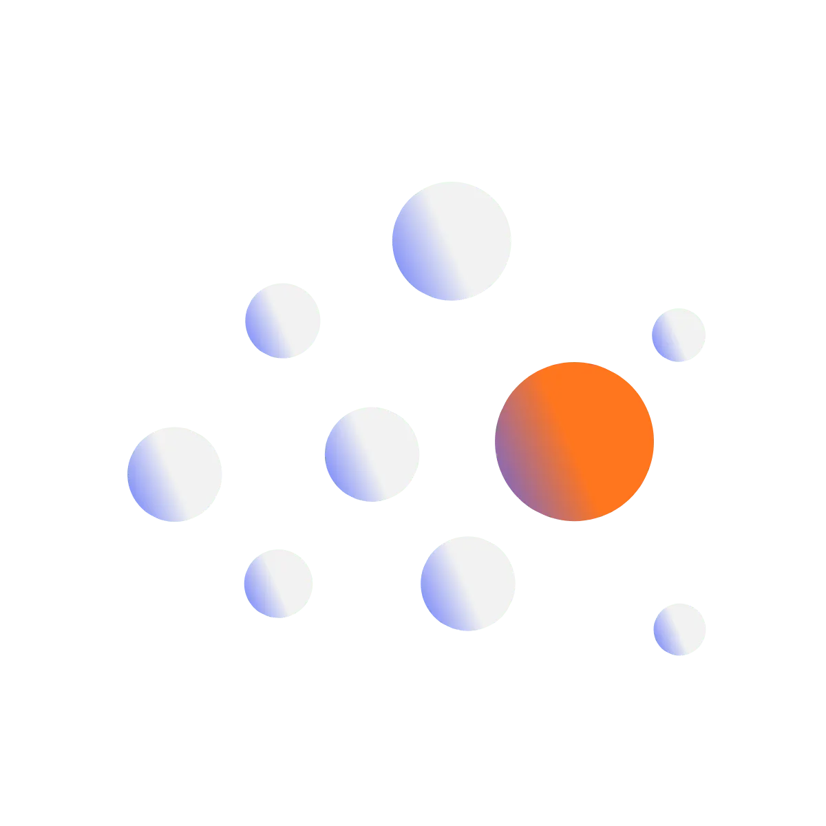 Nine white spheres and one larger orange sphere arranged on a transparent background.